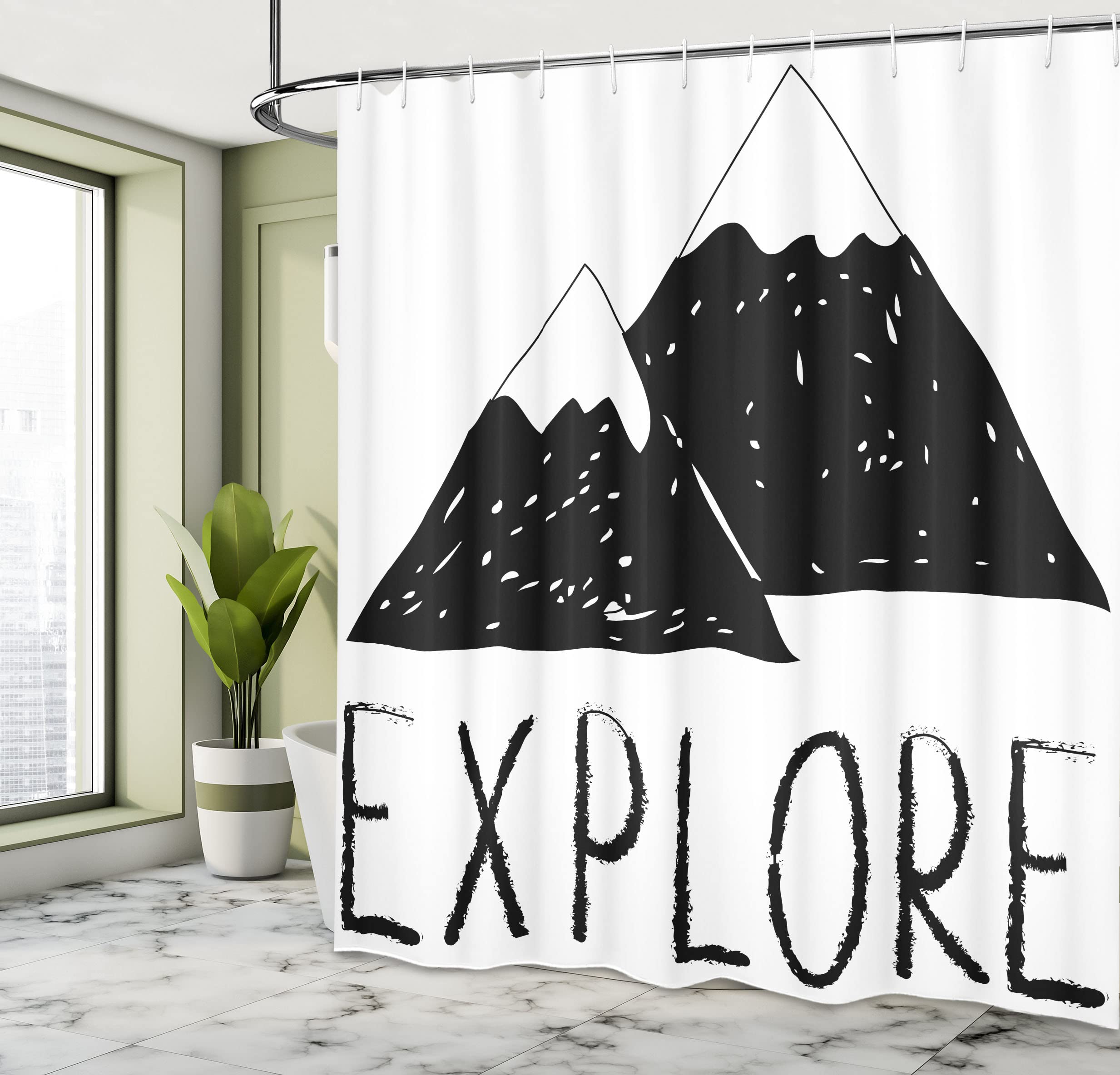 Ambesonne Adventure Shower Curtain, Explore Lettering Wild Forest Hand Drawn Simple Mountains Nature Theme, Cloth Fabric Bathroo